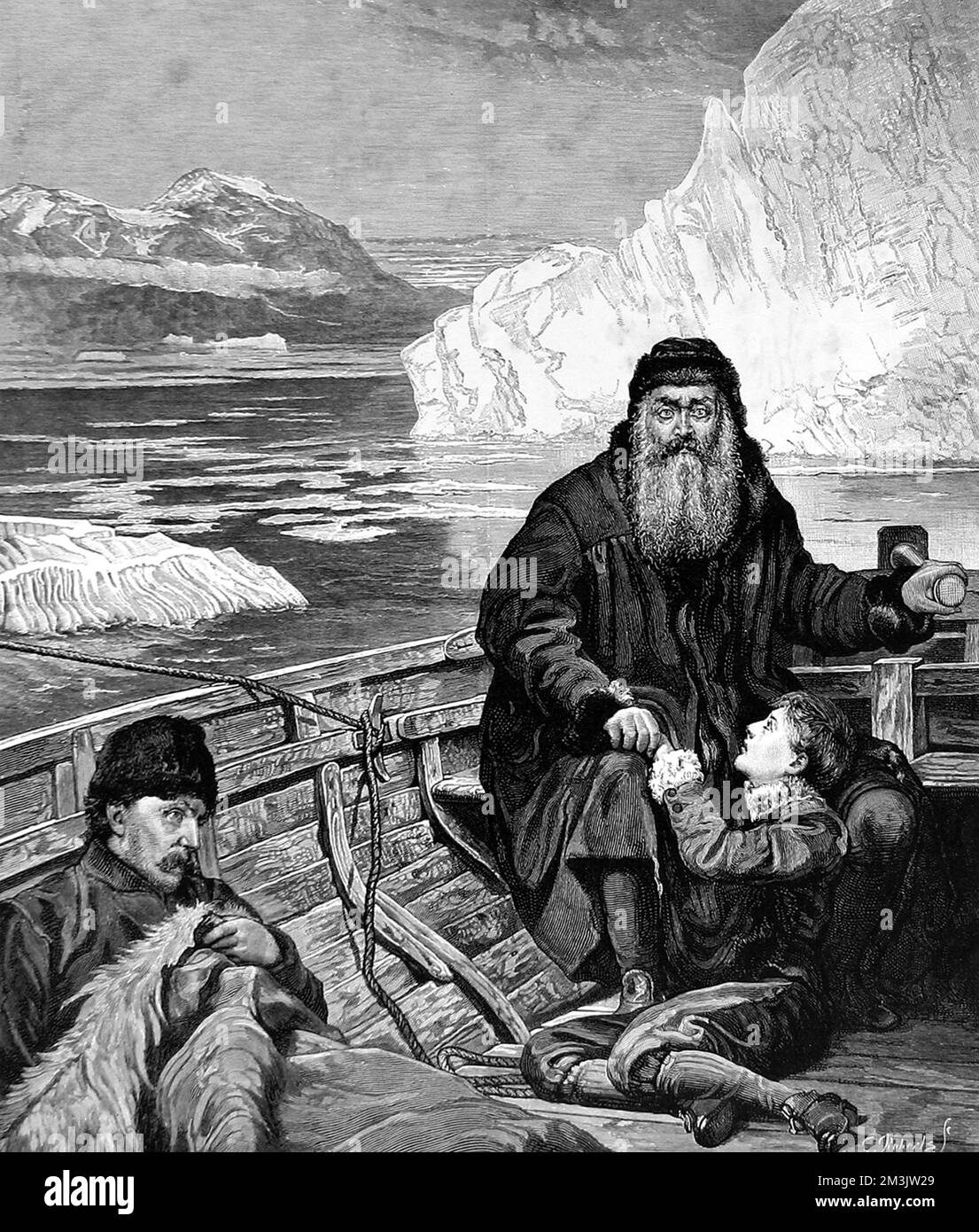 'The Last Voyage of Henry Hudson', a painting by John Collier, exhibited at the Royal Academy, 1882. Henry Hudson, the great navigator, made his last voyage to the Polar Seas in 1610. In the summer of 1611 his crew mutinied and set him adrift in an open boat with his son, John Hudson, and some of the most ill members of the crew. They were never seen again. Stock Photo