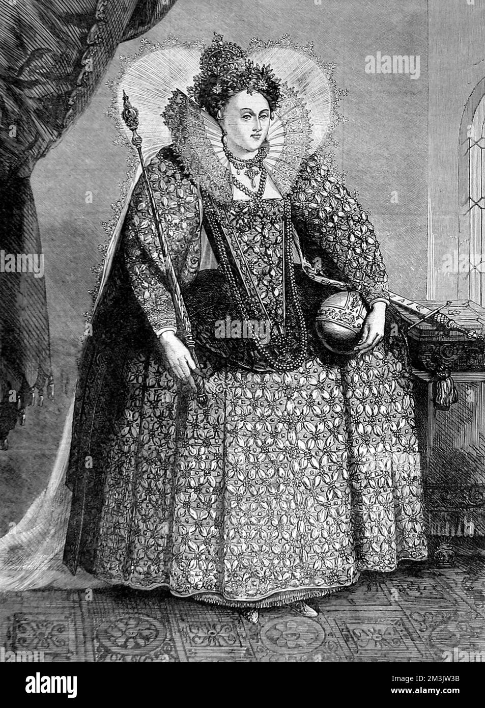 Queen Elizabeth I of England (1533 - 1603), attired for the Royal Thanksgiving on the defeat of the Spanish Armada of 1588.  1872 Stock Photo