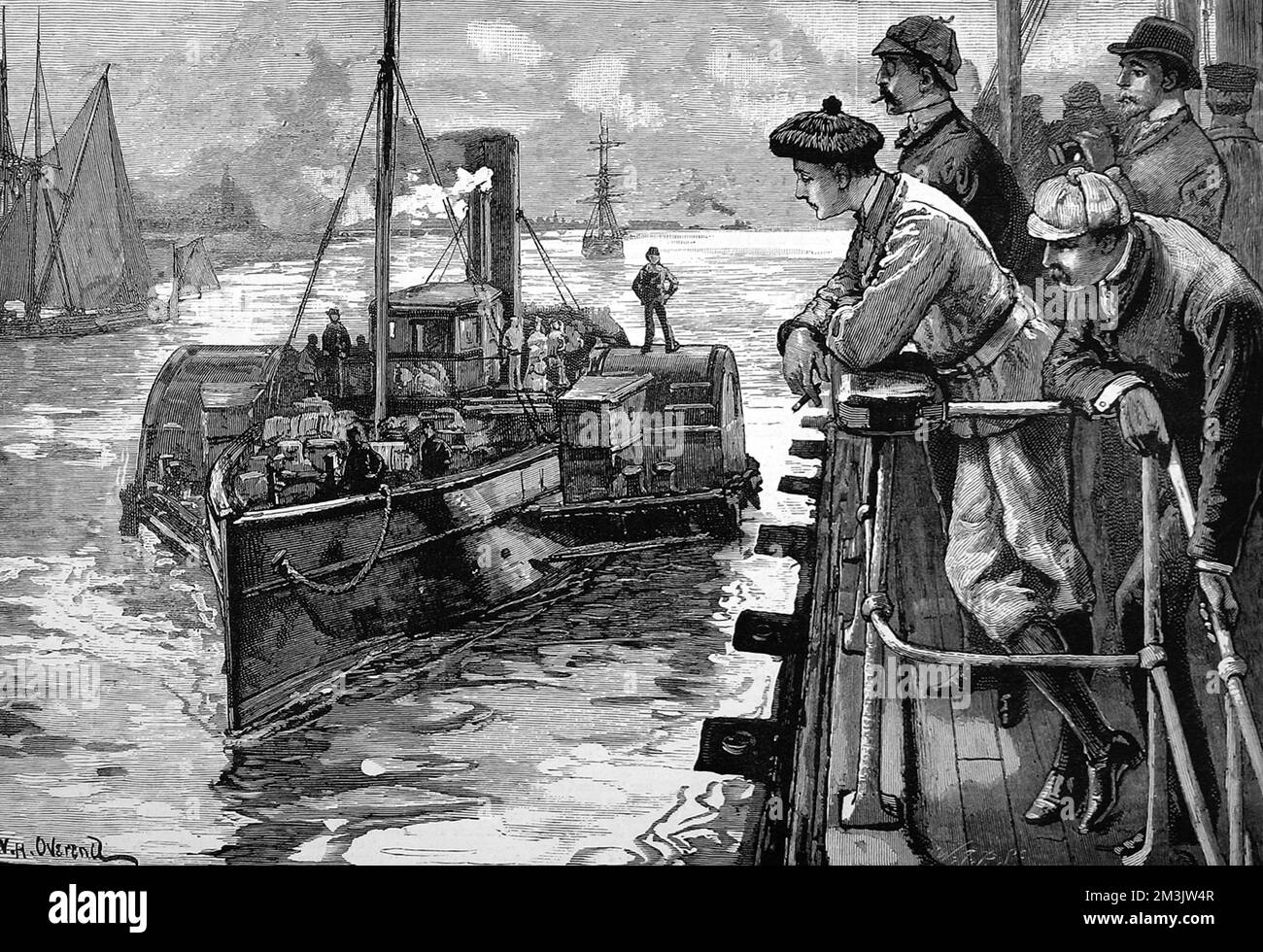 Paddle-steamer approaching a passenger ship, as viewed from the hurricane-deck of the passenger ship.  1883 Stock Photo