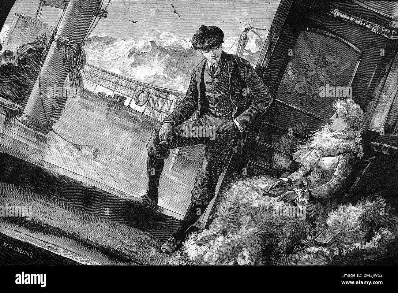 Victorian couple on the deck of a passenger ship, entitled ''They say she is a rolling 84 degrees 'out and out'' said Archie Leslie.''.  1883 Stock Photo