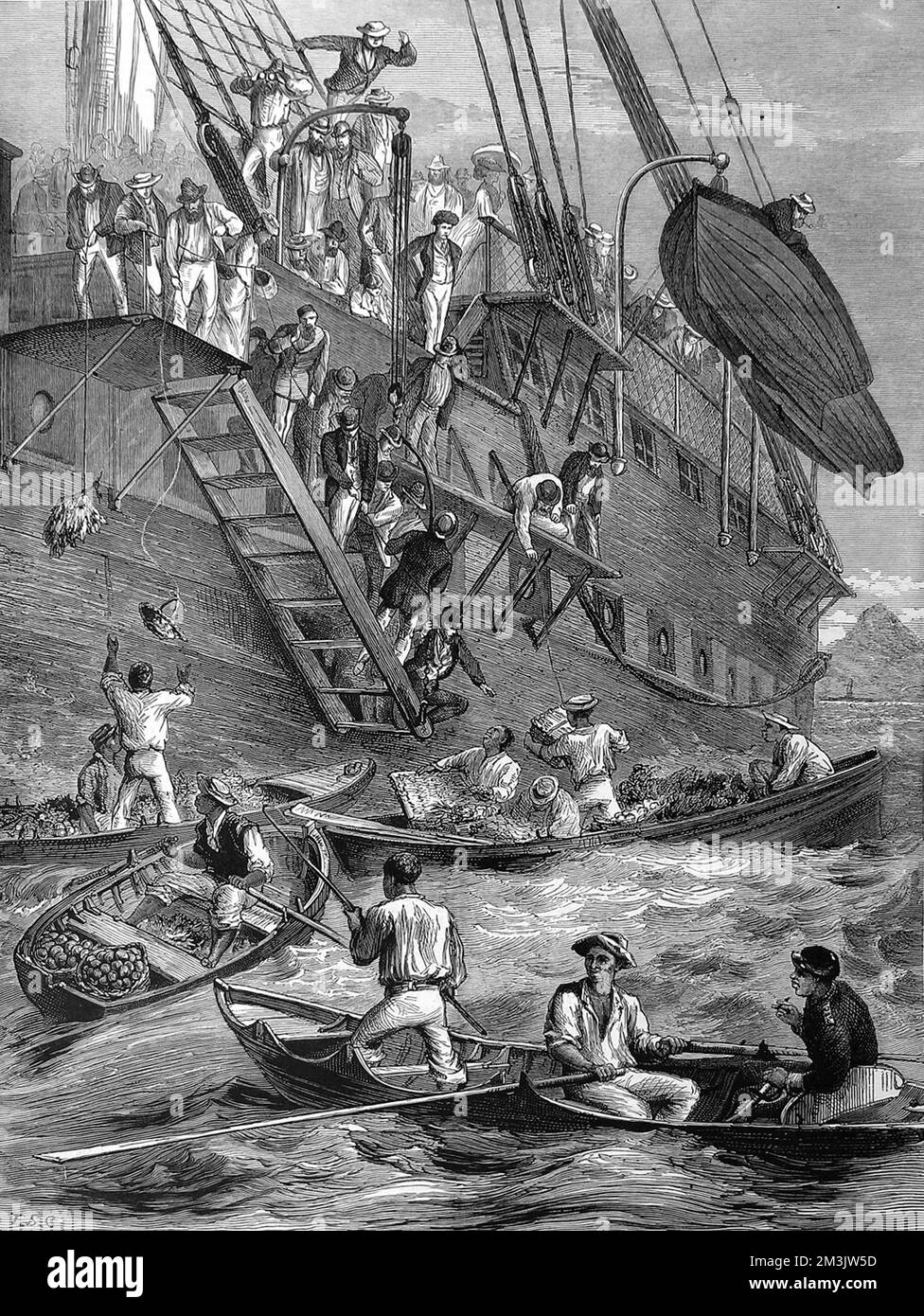 Passenger ship anchored off the Caribbean island of St. Vincent, in quarantine. In the foreground of the image can be seen local traders, in their little boats, bringing food out to the passenger ship.  1873 Stock Photo