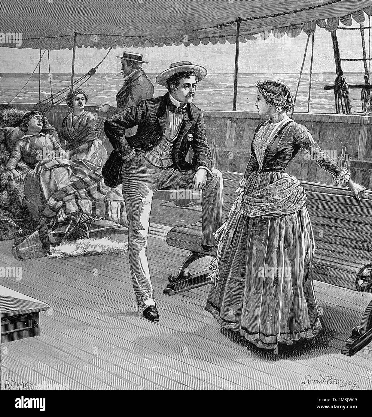 'The young girl rose indignantly. 'This is really too shameful! Who dare talk like that?'', showing Victorian passengers on the deck of a liner.     Date: 1887 Stock Photo