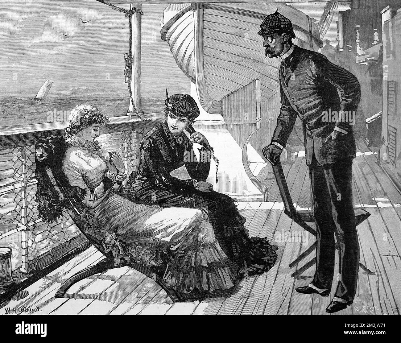 A scene on the deck of a passenger ship, 1883. The lady on the left has caught a swallow, which all three Victorian passengers are admiring.  1883 Stock Photo