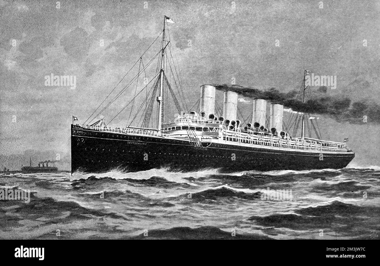 Hamburg-American Liner 'Deutschland', launched in 1900 and holder of the Blue Riband for the fastest Atlantic crossing from 1900-1906. In September 1900, 'Deutschland' crossed the Atlantic in 5 days and 7 hours, at an average of 23.36 knots. She was designed for speed, which inevitably meant some compromise on passenger comfort, so she was not the most popular vessel then running the Atlantic. Stock Photo