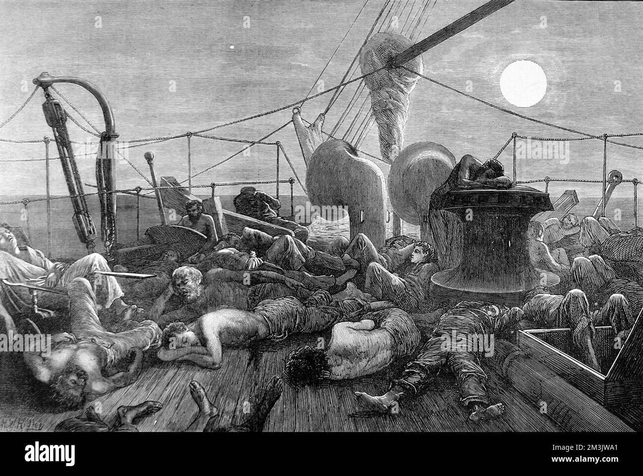 The forecastle of a mail steamer at night, in the Red Sea, 1872. The oppressive heat of the area has driven some of the crew and passengers to sleep on the front deck of the ship, where they might be cooled by a breeze.  1872 Stock Photo