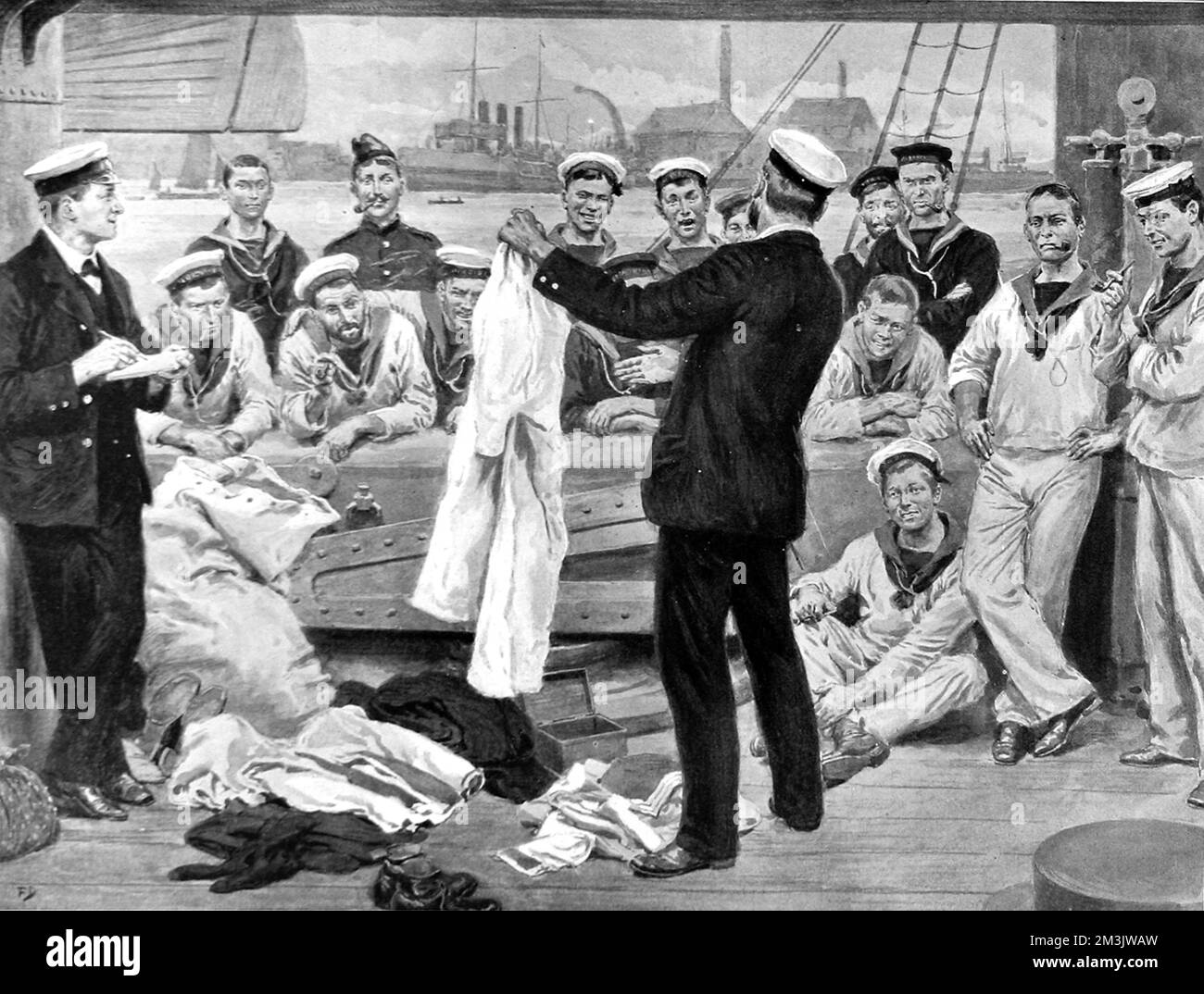 Sale of the belongings of a deserter, on board a British battleship. This rare event was held whenever a seaman deserted and left belongings on board a ship. The Ship's Corporal, or Master-at-Arms, (with his back to us) is acting as auctioneer, with another officer taking a record. The proceeds from this kind of sale were forfeited to the Crown.     Date: 1906 Stock Photo