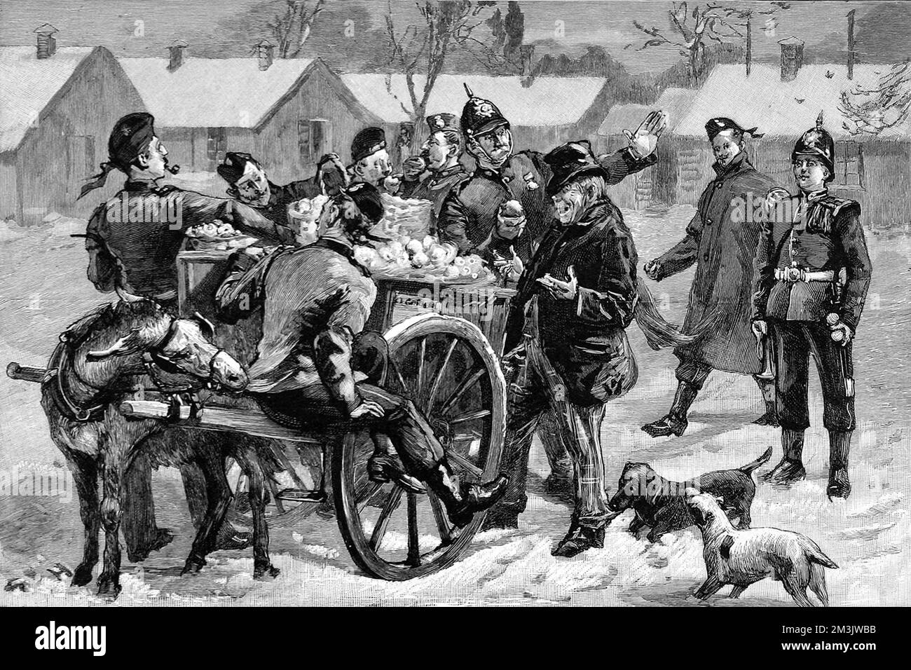The arrival of the 'Tuck' cart at an Army Barracks, at Christmas. The 'tuck' man was obliged to have a pass from the commanding officer to allow him to bring his cart into the barrack yard and sell fruit, sweets and other Christmas delicacies.  1894 Stock Photo