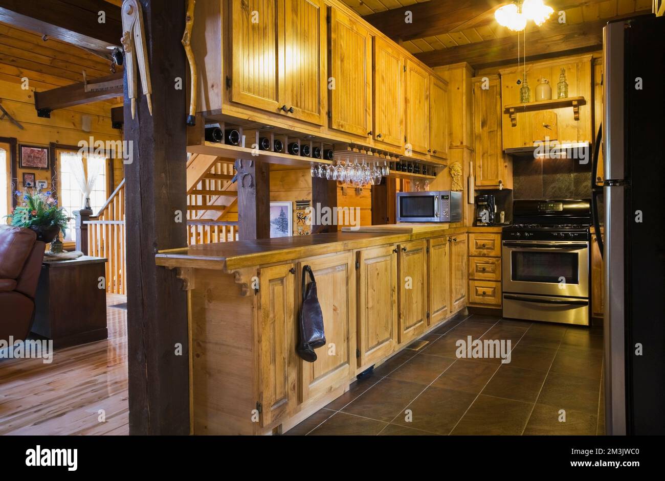 Wooden in kitchen with stainless steel appliances inside piece