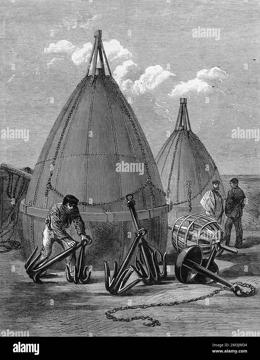 The buoys and grapnels that were used to recover an Atlantic Telegraph Cable, September. The telegraph cable, which was laid in 1865 by the 'Great Eastern', broke in 1866 and was therefore pulled up from the ocean bed with the grapnels, mended and repositioned.  1866 Stock Photo