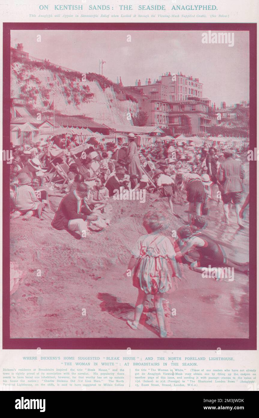 On Kentish Sands; a seaside anaglyph. Although invented some seventy years earlier, the Illustrated London News was the first publication to print 3-dimensional anaglyphs in 1924. A free pair of red and green goggles were included with the publication.  1925 Stock Photo