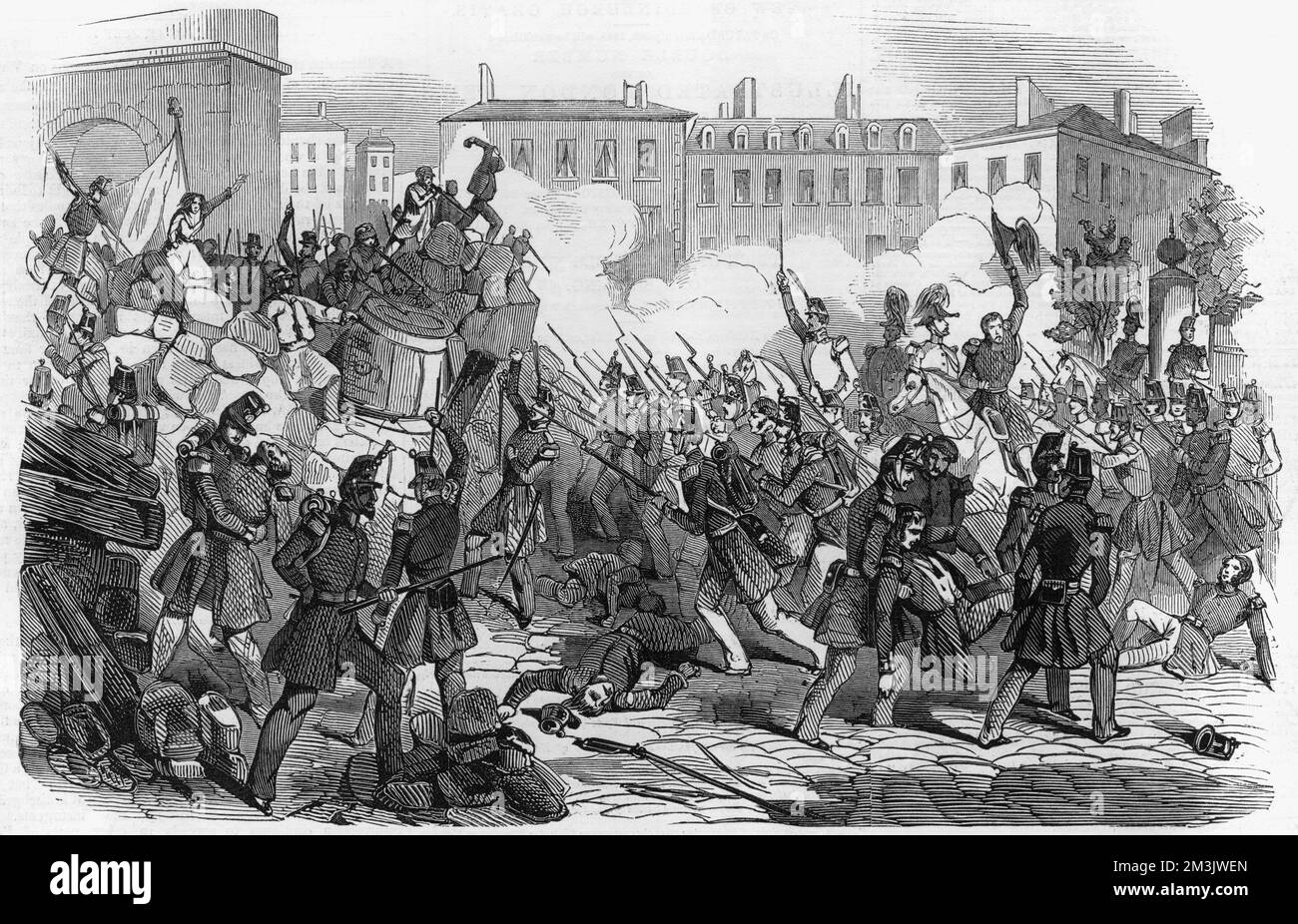 A barricade at the corner of the Boulevard Rue Mazagran in Paris, 1848. In France, the catalyst for the revolutions in the rest of Europe, the monarchy was replaced by the Second Republic, with Louis Napoleon as president from 1852.  A series of revolts occurred in various parts of Europe against monarchical rule. Although some of the revolutionaries had republican ideas, many more were motivated by economic grievances.  None of the revolutions enjoyed any lasting success, and most were violently suppressed within a few months.     Date: 1848 Stock Photo