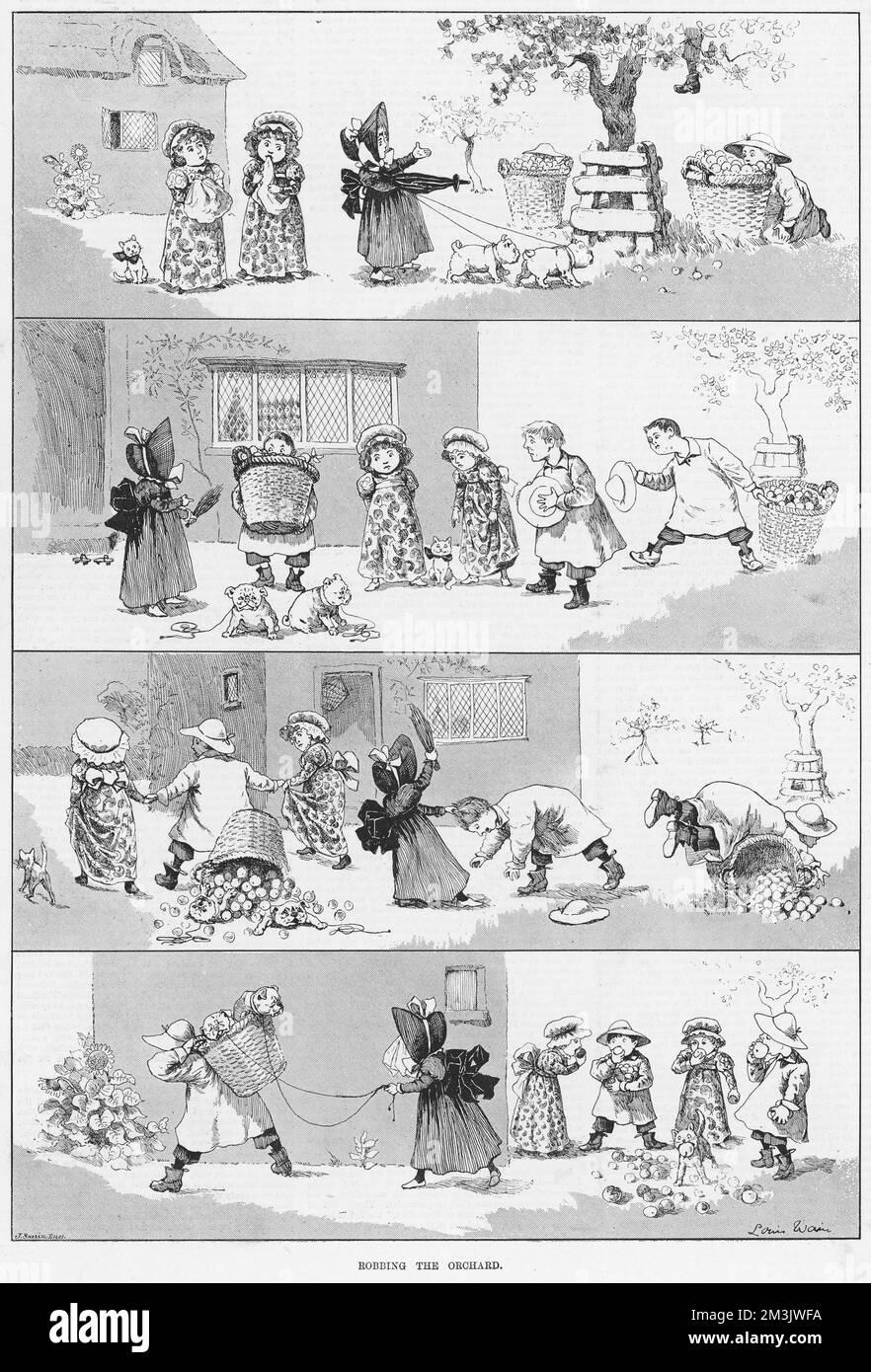 An unusual illustration by Louis Wain, more usually known for his cat drawings, showing a group of children stealing apples from an orchard. Interestingly, Wain has drawn the children in the style of Kate Greenaway, another ILN contributor. Wain was able to turn his hand to drawing a wide variety of subjects prior to the fame he achieved with his feline creations. Sadly his growing obsession with cats turned to insanity and he died penniless in a mental asylum in 1939. Stock Photo