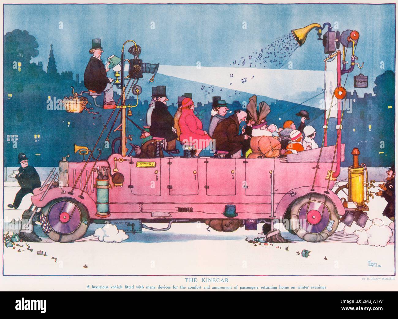 Double page illustration by William Heath Robinson (1872-1944) showing a well-equipped omnibus transporting passengers while they watch a film.  The caption reads,'a luxurious vehicle fitted with many devices for the comfort of passengers returning home on a winter's evening', an interesting (and true) forecast for the future of travel.  Robinson was a regular contributor to the Sketch, the Bystander and other ILN titles during his lifetime.  His weekly drawings featuring mind-boggling contraptions and designs were immensely popular.  Please note: Credit must appear as  Courtesy of the esta Stock Photo