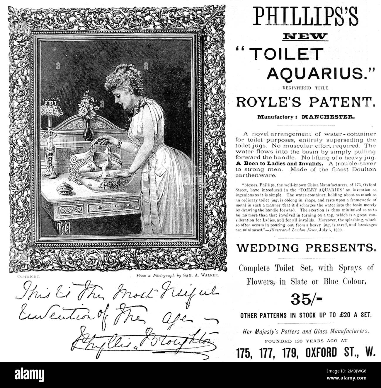 An advertisement from 1891 for Phillips's 'Toilet Aquarius', a new water container for wash stands where '...no muscular effort required. The water flows into the basin by simply pulling forward the handle. No lifting of a heavy jug. A Boon to Ladies and Invalids. A trouble-saver to Strong Men'. The newly patented device is endorsed by the famous theatre actress, Phyllis Broughton.  1891 Stock Photo