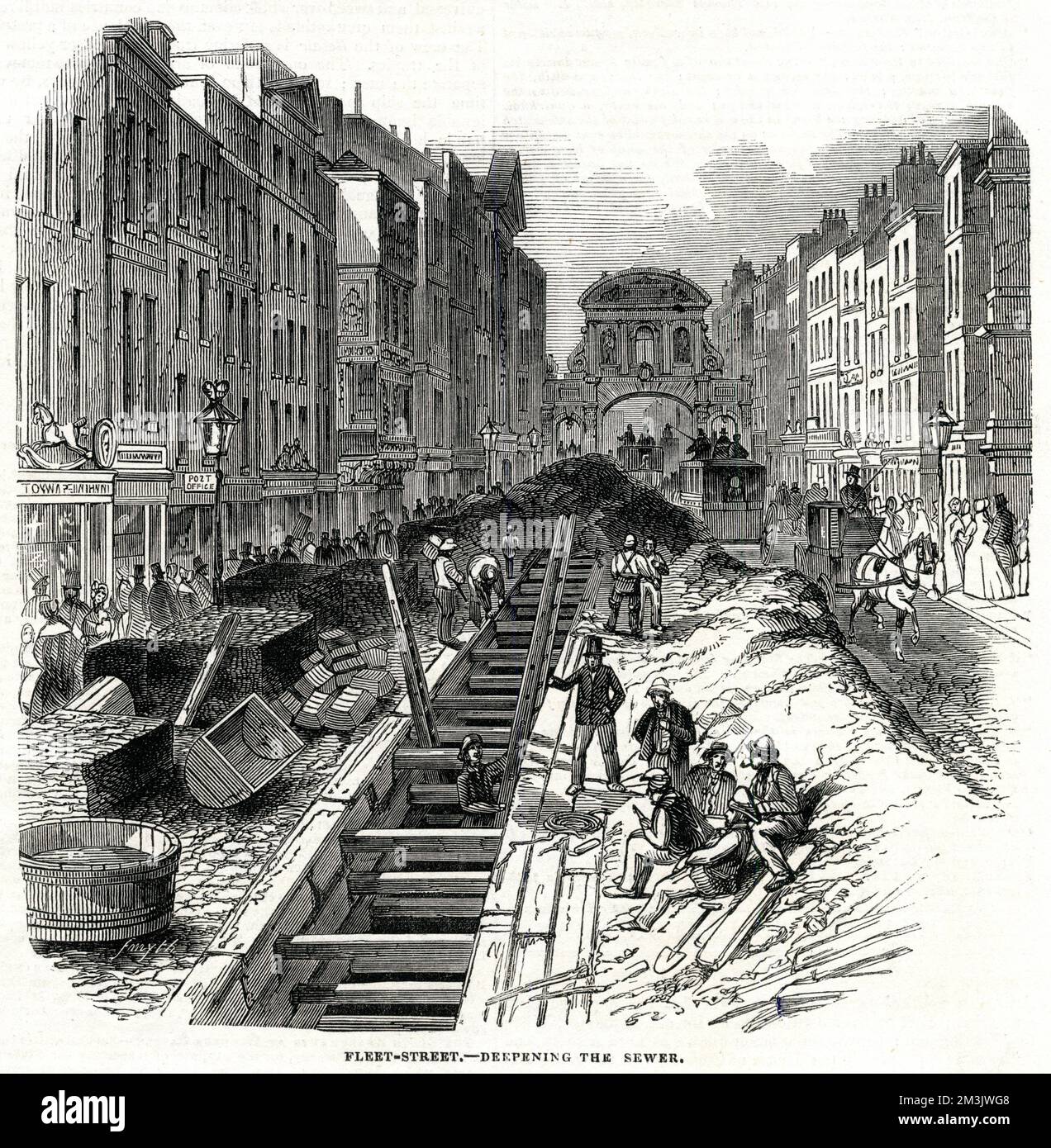 Cholera epidemics, the 'Great Stink' and miasmas combined to create a death rate higher than at any time since the Black Death forcing reformers to face up to the need for an urban planning policy for the first time. Joseph Bazalgette (1819-1891) constructed London's first drainage system and was a notable pioneer of public health engineering.     Date: 1845 Stock Photo