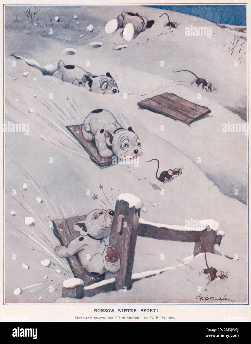 Several 'Bonzo' dogs sledging with calamitous results. Ernest