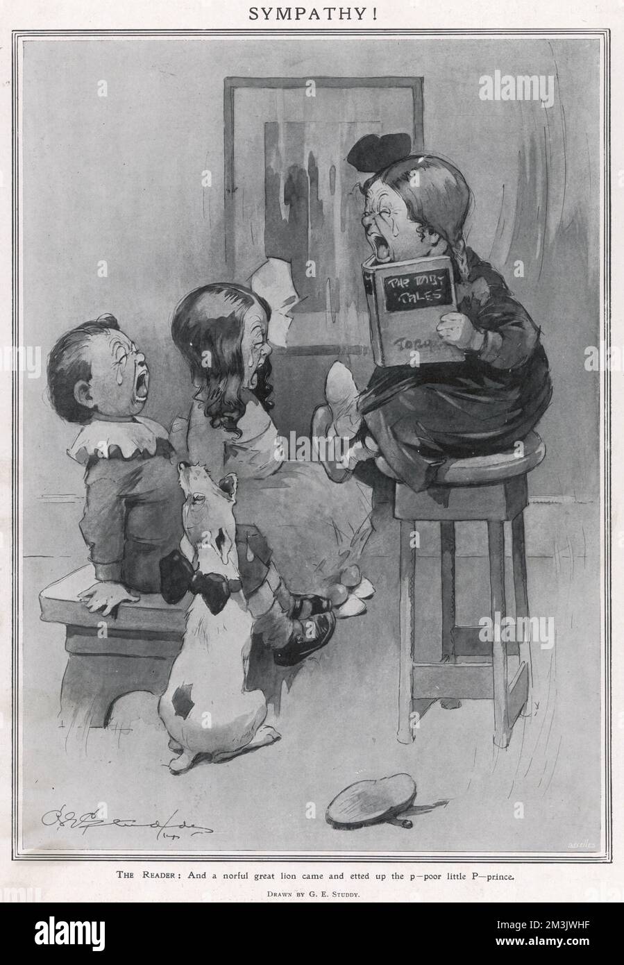 A rather distressing but humorous scene. Showing children (and a dog) reading a sad book.  All three children are bawling while the dog joins in by howling.     Estate of George Studdy/Gresham Marketing Ltd./ILN/Mary Evans  1914 Stock Photo