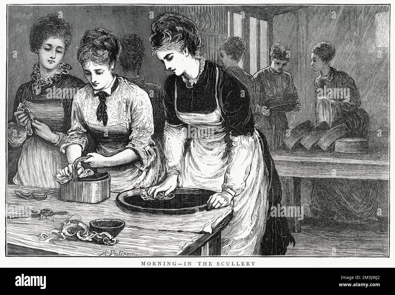 The National Training School of Cookery at South Kensington, London. Established in 1873, and commenced its work at South Kensington in 1874 'with a view to promote generally the diffusion of a knowledge of cookery amongst all classes of Her Majesty's subjects'. This shows a group of women spending the morning cleaning serving dishes and cookware in the scullery. Stock Photo