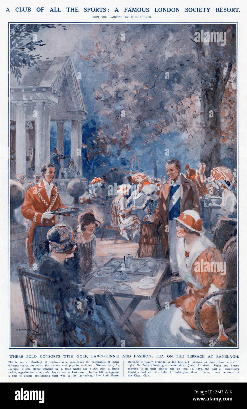 Men and women enjoying an alfresco tea outside on a terrace at Ranelagh. A popular destination for society, Ranelagh pleasure gardens provided sporting facilities, refreshments and entertainment for adults and children. Stock Photo