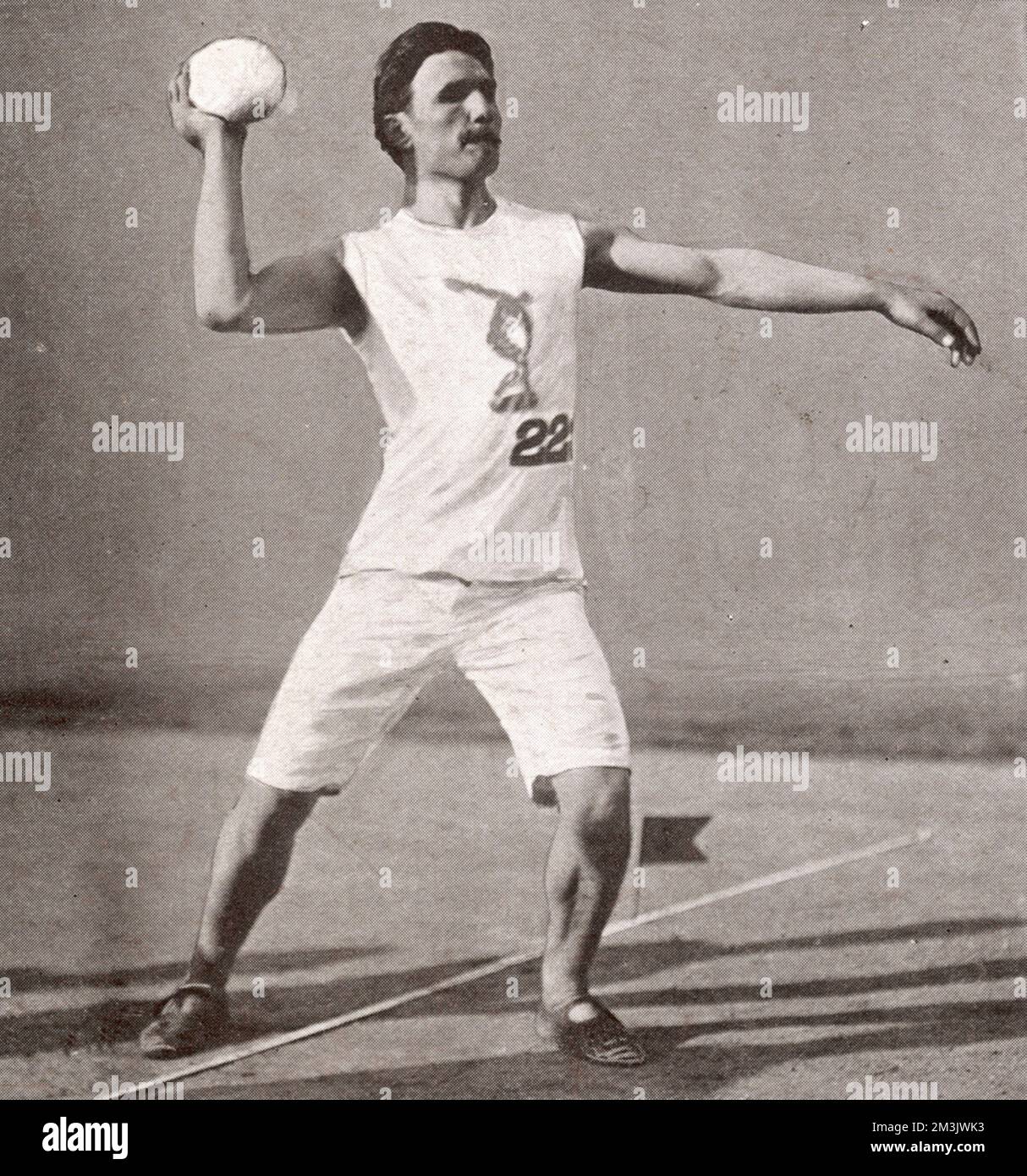 The Shot Put or 'Stone Putting' showing N. Georgantas of Greece, the winner with a throw of 19.92 1/2 metres at the 1906 Athens Summer Olympics.    The fourth modern Olympic games was staged as a celebration of the tenth anniversary of the resumption of the Games opening on May 22.     Though not official, they were very important for the Olympic movement after the failure of the 1900 and 1904 Olympics.     Date: 1906 Stock Photo