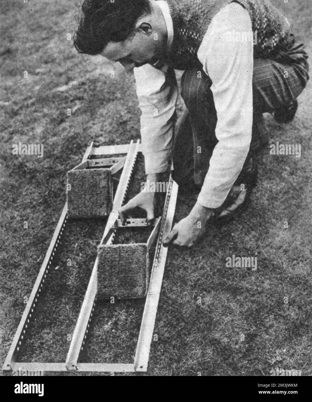 New adjustable, aluminium starting blocks developed by Mr. H. Rottenburg and used at the 1948 Olympic Games in London.  1948 Stock Photo