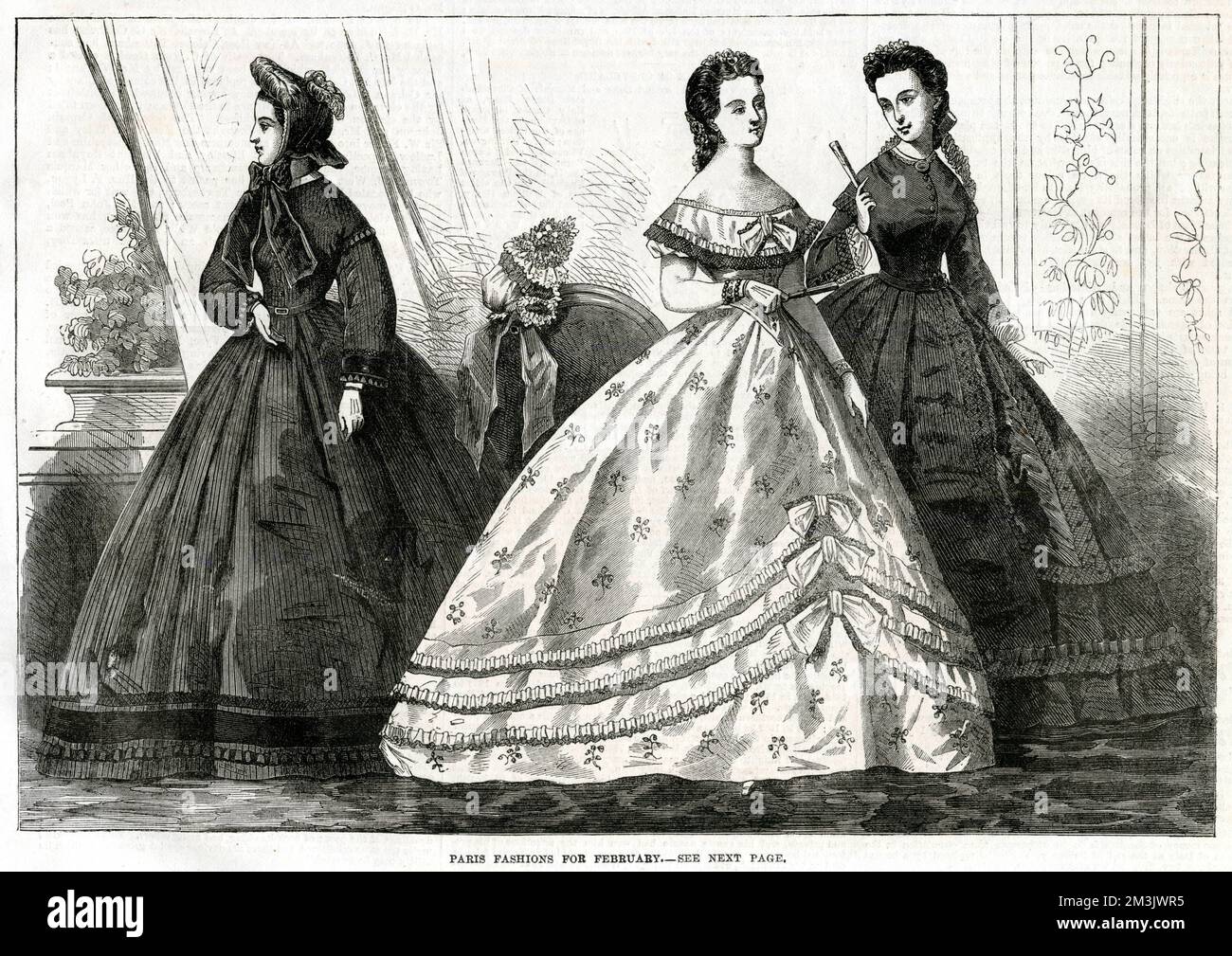 Sketches of designs featured on the monthly ladies fashion page.  (From left) The walking dress, made from dark brown silk, trimmed with black velvet. The bonnet is also made from black velvet adorned with a violet feather.   The ball dress is white with black brocaded flowers, each flounce on the dress is fastened by a black bow. The head dress is made from mother of pearl flowers with a white rose. The evening dress is a black moire antique robe, with a head dress made from violet ribbon, black lace and jet flowers.     Date: 1864 Stock Photo