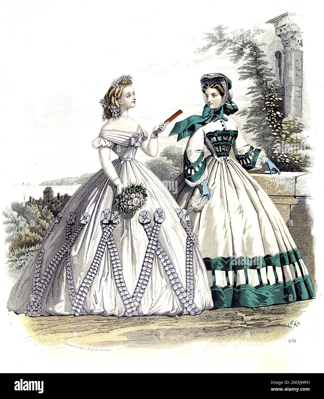 Fashion illustration showing ladies spring fashions and accessories.     Date: 1869 Stock Photo