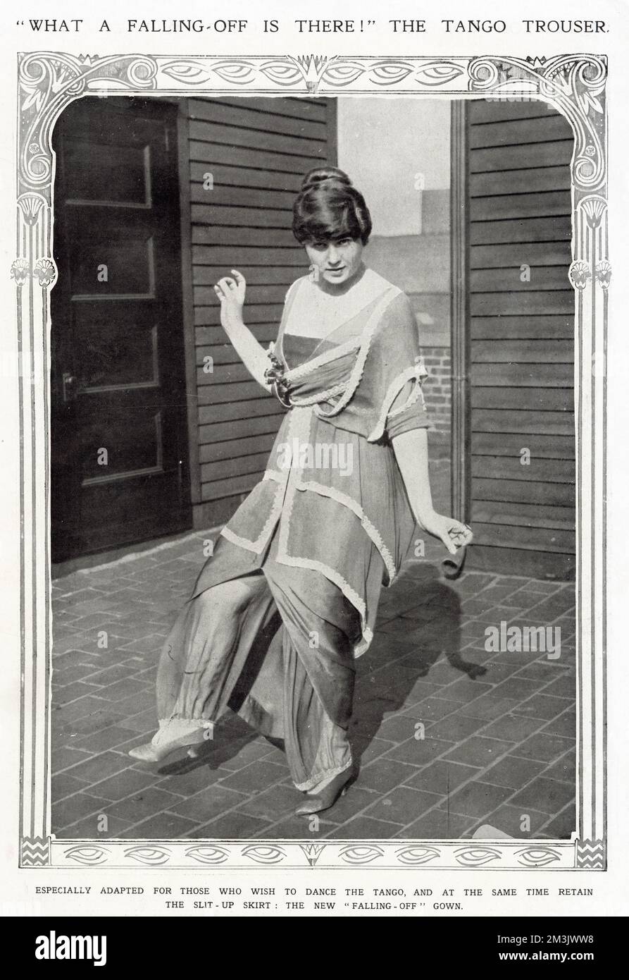 Trousers especially designed for dancing the Tango. The outfit was made up of a skirt slit to the thigh, worn over a pair of Turkish trousers held at the ankle by a band of crystal beads. Matching blouses were designed to be loose, to give the appearance of falling off. Stock Photo
