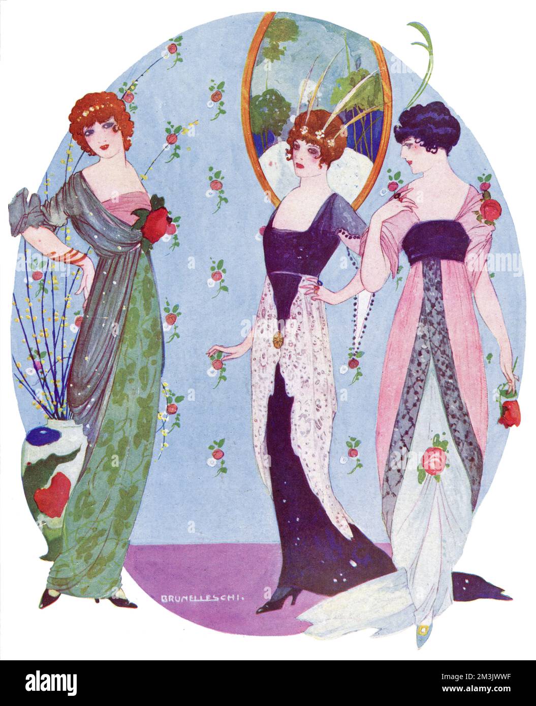 Women wearing vivid colour and graceful line dresses of ladies fashion in the early twentieth century.   On left: an evening dress in green and blue brocade veiled with a tunic of blue mousseline de soie.   Centre: an evening gown with sleeves of deep sapphire blue and a white lace tunic fastened in front with an antique clasp.  On right: a gown of white charmeuse crossed in front, veiled with a rose coloured ninon tunic. Stock Photo