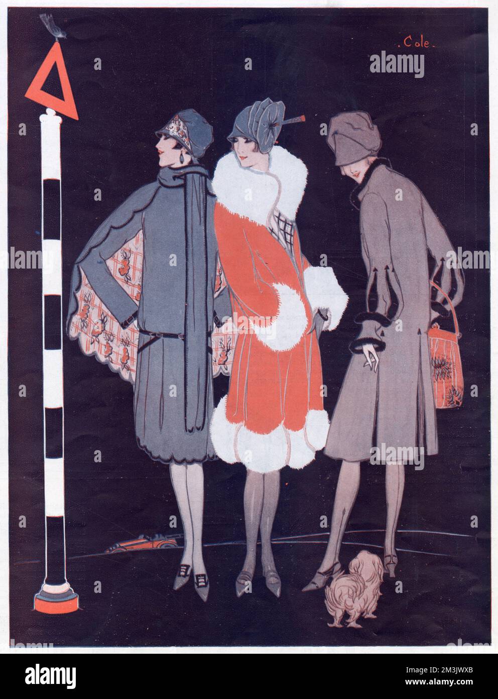Three stylish wrap coats embellished with pleats and gore for ease of movement, winter 1926.   The left coat was made of velour, strapped and outlined with suede, with a cape lined with printed crepe de chine. The coat in the centre was designed for evening wear and made from velvet and fox. On the right is a kasha coat with slashed sleeves and a ' cup and saucer' cuff. Stock Photo