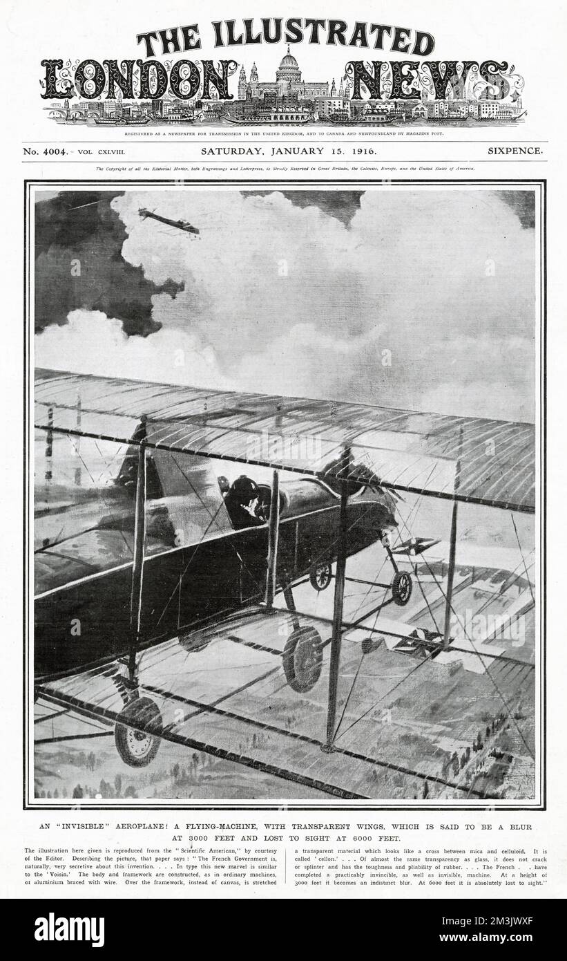 Artist's impression of an idea under consideration of the French Government - aeroplanes with invisible wings, to make them difficult to be spotted by the German Air Force pilots. The wings are thought to be made from cellon, which is a cross between mica and celluloid. This appears to be an alternative front cover to the ILN. Stock Photo