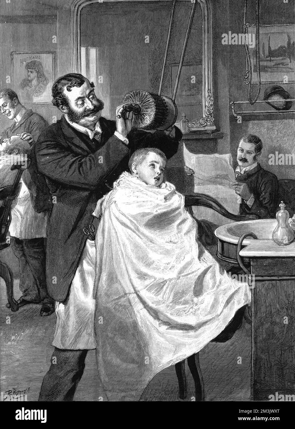 A barber shop scene,, originally entitled 'His first visit to the barber's- 'Hard or medium, sir?''.     Date: 1890 Stock Photo