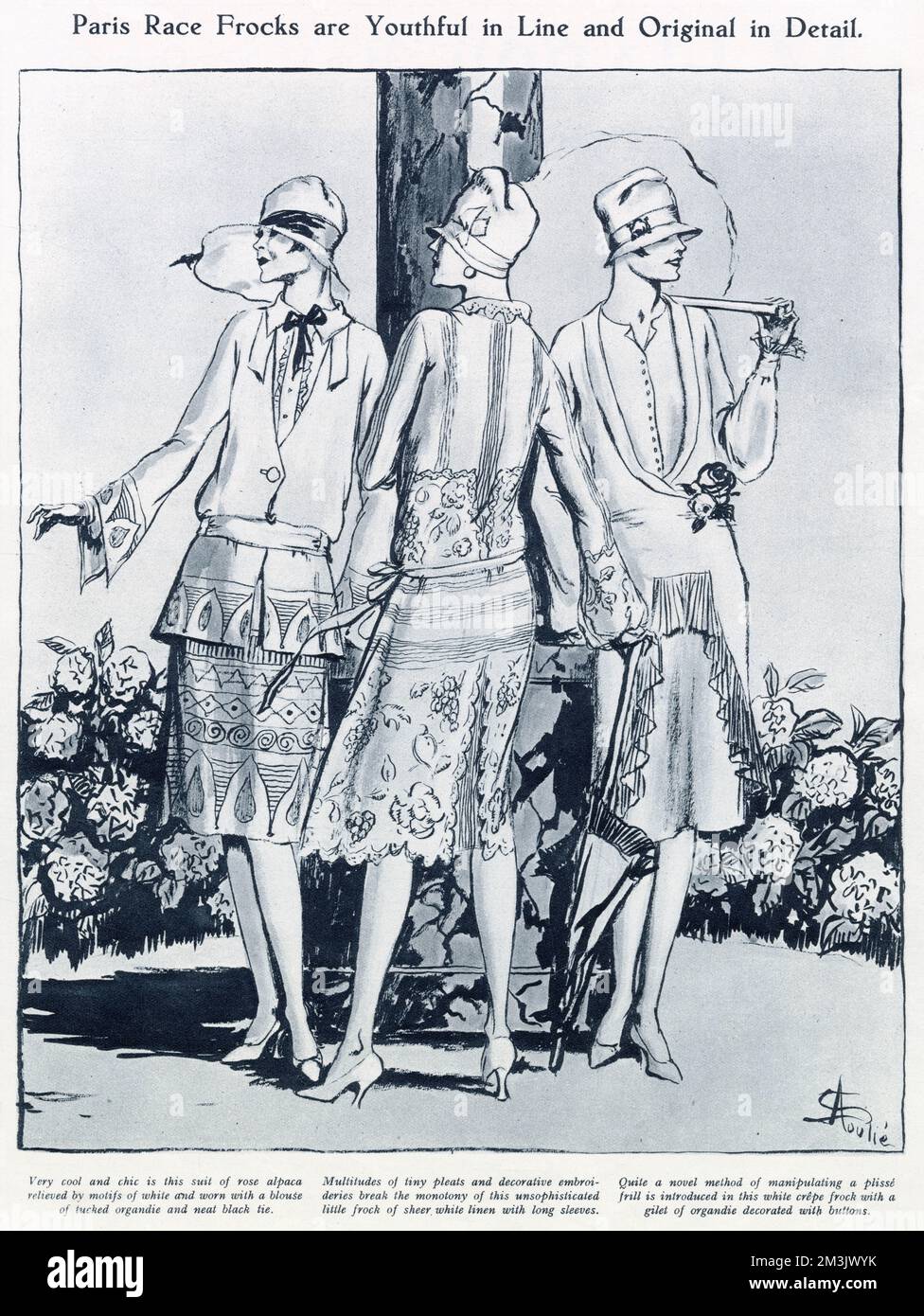 Three stylish dresses, designed for wearing at the races, 1926.  On left: A suit of rose alpaca, embellished with a white motif, worn with a white blouse and a neat black tie.  Centre: A white linen dress decorated with tiny pleats and embroidery.  On right: A white crepe dress with a plisse frill, worn with a gilet of organdie decorated with buttons. Stock Photo