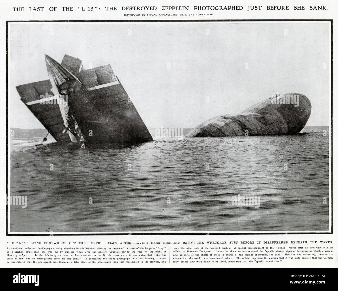 The remains of the German zeppelin L-15 sinking off the Kentish coast in 1916. The ship was hit by gun fire during an air-raid the previous night and the crew rescued the following morning by a British patrol boat. Stock Photo