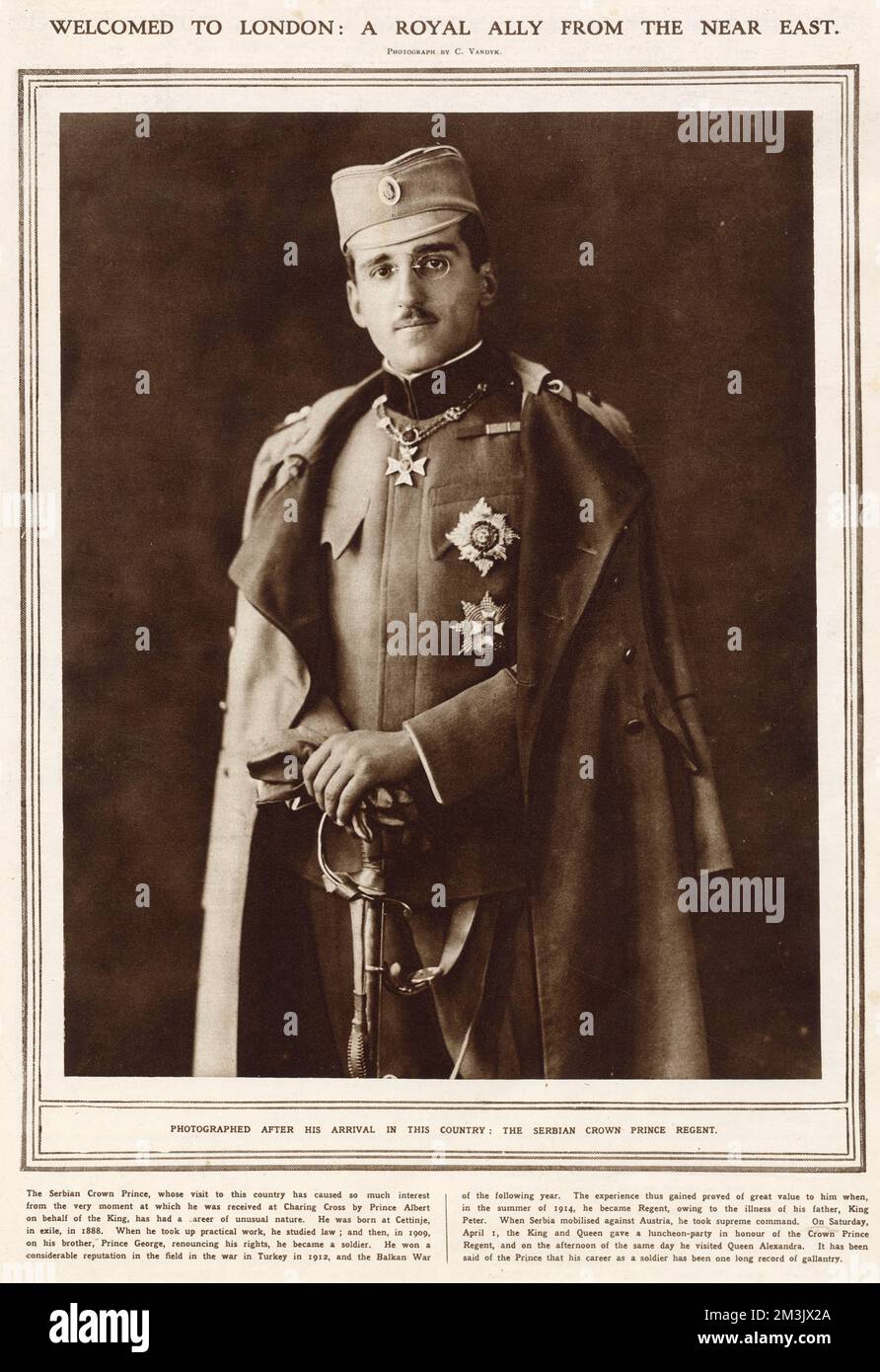 Serbian Crown Prince Alexander (1888-1934) photographed upon a arrival to London in 1916. The Prince was the second son of King Peter I whose elder brother Prince George renounced his claim to the throne. He distinguished himself during the Balkan war of 1912-1913 and commanded the Serbian armies during the First World War, acting as regent when his father fell ill in 1914. He became King Alexander I of the newly formed state of Yugoslavia in 1921, establishing a royal dictatorship in 1929. He was assassinated in Marseilles in 1934.     Date: 1916 Stock Photo