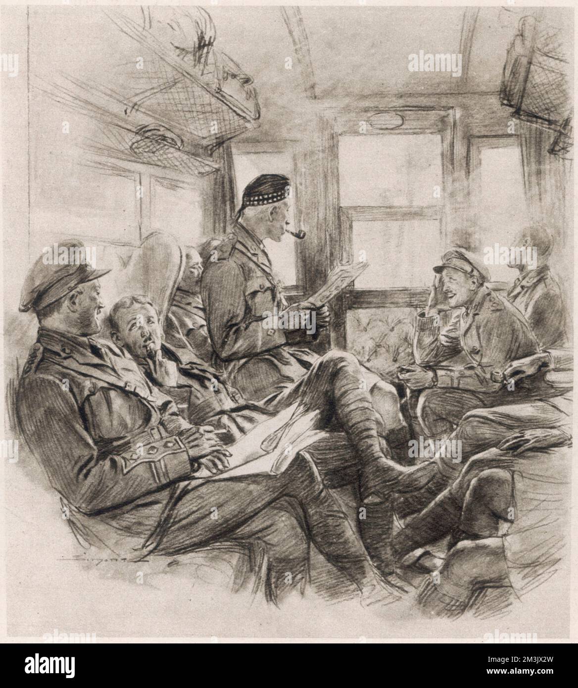 A French artist's impression of a group of British army officers travelling by rail to the Western front during the First World War.  1916 Stock Photo