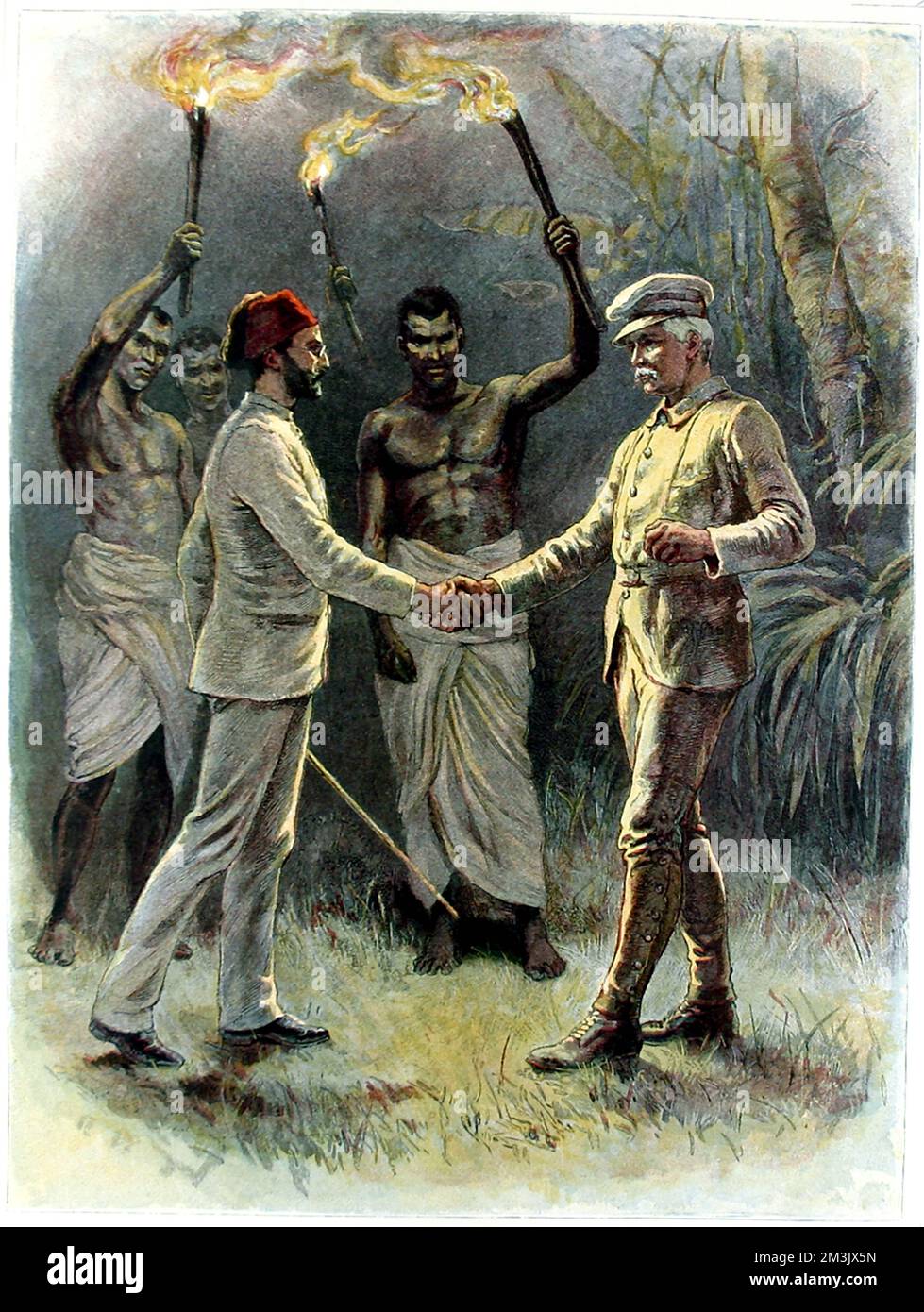 Emin Pasha (1840 - 1892) and Sir Henry Morton Stanley (1841 - 1904) at Kavalli, Central Africa, April 1888.   Emin Pasha, the German doctor, explorer, linguist and Governor of the Egyptian Equatorial Province had retreated to Wadelai, near Lake Albert, with 10,000 followers during the Mahdi Rising.  Cut off from all communication Emin Pasha was considered lost, so the British government sent out a rescue party led by Stanley. This image shows the scene as the two men meet for the first time. Stock Photo