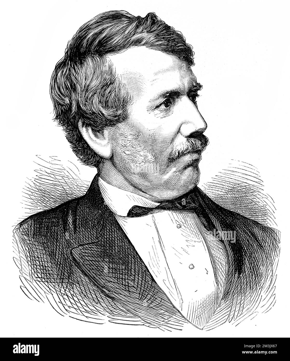 Dr. David Livingstone (1813 - 1873), Scottish missionary and explorer, published in 1870. The discoverer of Victoria Falls, his extensive explorations of Central Africa were chiefly driven by the strength of his missionary ideals. He died in Zambia in 1873, while searching for the source of the Nile.     Date: 1870 Stock Photo