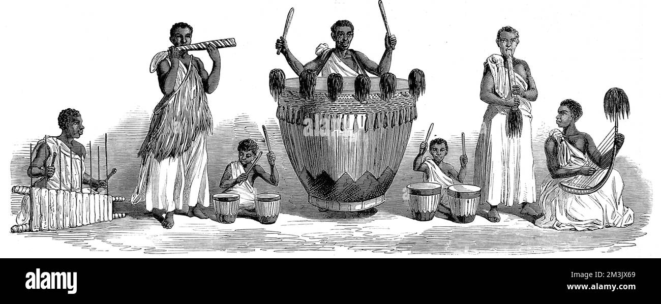A group of the Waganda, or Baganda, people of south-central Uganda playing musical instruments, early 1860's.  Between 1860 and 1863 the British explorers, John Hanning Speke and James Augustus Grant, led an expedition to find the source of the Nile; finally proving, once and for all, that the Victoria Nyanza was the source of the river. During their journey they were fortunate to enjoy the hospitality of the Waganda people and their music.     Date: 1863 Stock Photo