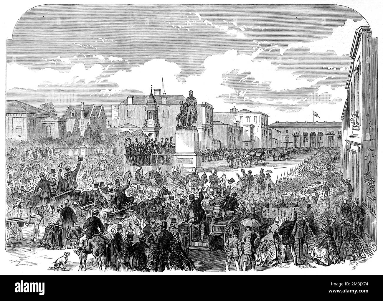 Inauguration of the Burke and Wills Monument in Melbourne, 21st April 1865.   Robert O'Hara Burke (1820-1861) and William Wills (1834-1861) were the leaders of the first successful expedition by white men to cross the continent of Australia, on foot, from south to north.   Although Burke, Wills and John King reached the north shore of Australia, only King survived the return journey to Melbourne; the others dying of starvation.  1865 Stock Photo
