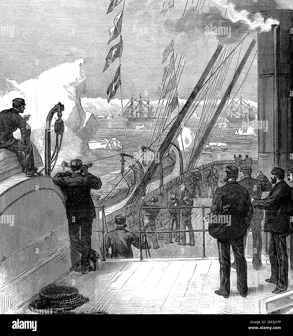 HMS 'Alert' and HMS 'Discovery' (both in the background) parting company with HMS 'Valorous' (foreground) at the beginning of the British Arctic Expedition of 1875-1876. The sailors on the deck of HMS 'Valorous' can be seen hoisting a farewell message.  In the summer of 1875 the British Admiralty sent Captain George Nares with two ships, HMS 'Alert' and HMS 'Discovery', to make an attempt to reach the North Pole via Smith Sound.   Although the attempt was unsuccessful, a new 'furthest North' record was set, the coasts of Greenland and Ellesmere Island were charted and much scient Stock Photo