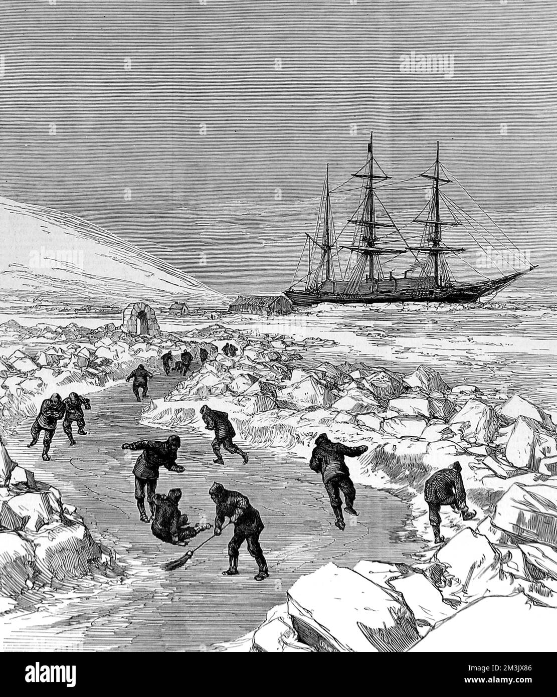 The skating rink that was created beside the winter quarters of HMS 'Discovery' during the British Arctic Expedition of 1875-1876.  In the summer of 1875 the British Admiralty sent Captain George Nares with two ships, HMS 'Alert' and HMS 'Discovery', to make an attempt to reach the North Pole via Smith Sound.   Although the attempt was unsuccessful, a new 'furthest North' record was set, the coasts of Greenland and Ellesmere Island were charted and much scientific data gathered. Stock Photo