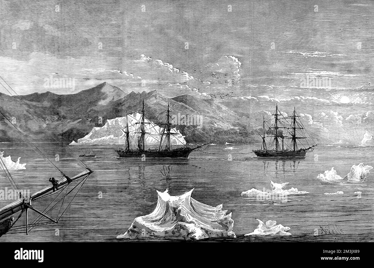Engraving showing HMS 'Alert' towing HMS 'Discovery' through icebergs, with Disco Island in the background, as seen from HMS 'Valorous' (left foreground) during the British Arctic Expedition of 1875-1876.    In the summer of 1875 the British Admiralty sent Captain George Nares with two ships, HMS 'Alert' and HMS 'Discovery', to make an attempt to reach the North Pole via Smith Sound.      Although the attempt was unsuccessful, a new 'furthest North' record was set, the coasts of Greenland and Ellesmere Island were charted and much scientific data gathered.     Date: 1875 Stock Photo