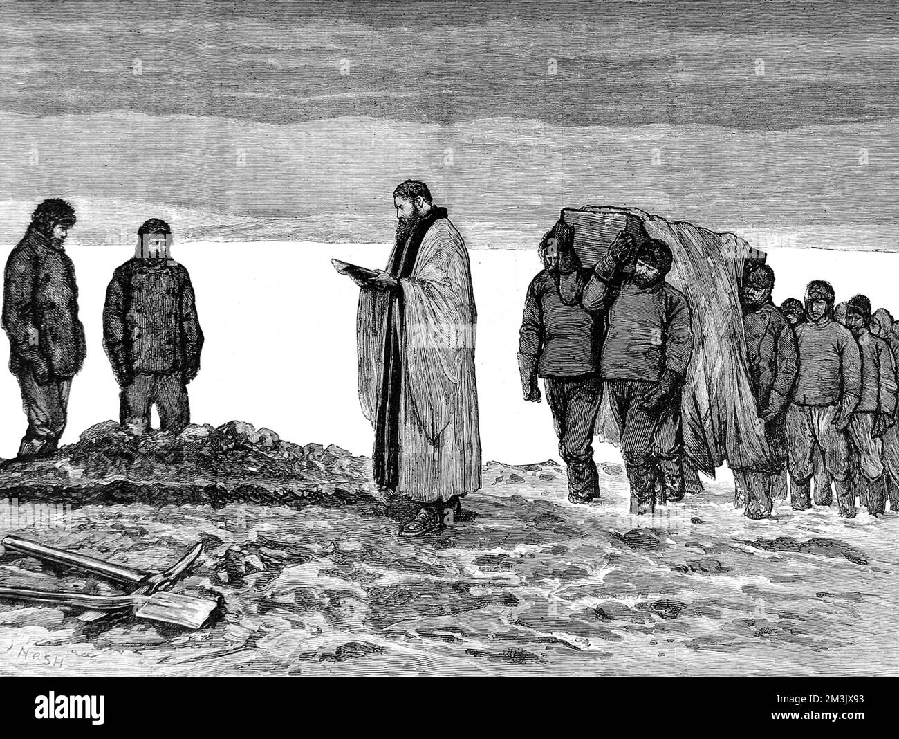 The funeral of Hans Christian Petersen, the Danish interpreter, during the British Arctic Expedition of 1875-1876. Petersen had gone out with a sledging party and suffered severe frostbite, requiring amputation of both feet. He subsequently died from blood-poisoning and was buried close to the winter berth of HMS 'Alert'.  In the summer of 1875 the British Admiralty sent Captain George Nares with two ships, HMS 'Alert' and HMS 'Discovery', to make an attempt to reach the North Pole via Smith Sound.   Although the attempt was unsuccessful, a new 'furthest North' record was set, the coas Stock Photo