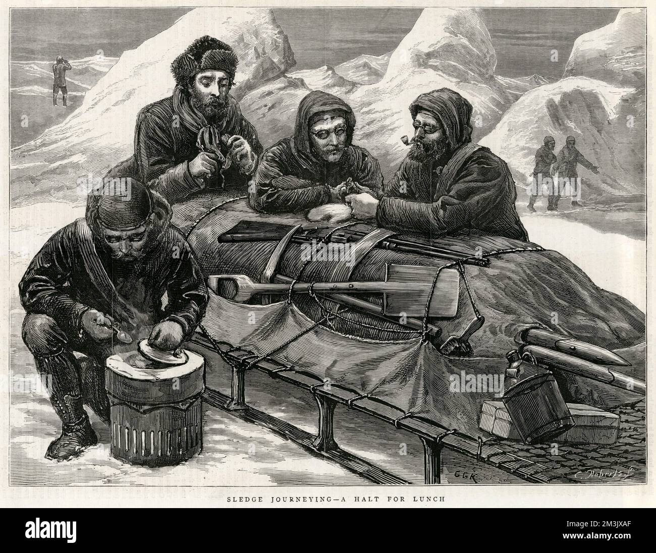 A sledging party of the British Arctic Expedition, 1875-1876, preparing to have their lunch.  In the foreground can be seen their sledge with various equipment attached, including a gun, a pick-axe, a spade and several boat-hooks.    In the summer of 1875 the British Admiralty sent Captain George Nares with two ships, HMS 'Alert' and HMS 'Discovery', to make an attempt to reach the North Pole via Smith Sound.      Although the attempt was unsuccessful, a new 'furthest North' record was set, the coasts of Greenland and Ellesmere Island were charted and much scientific data gathered.  1876 Stock Photo