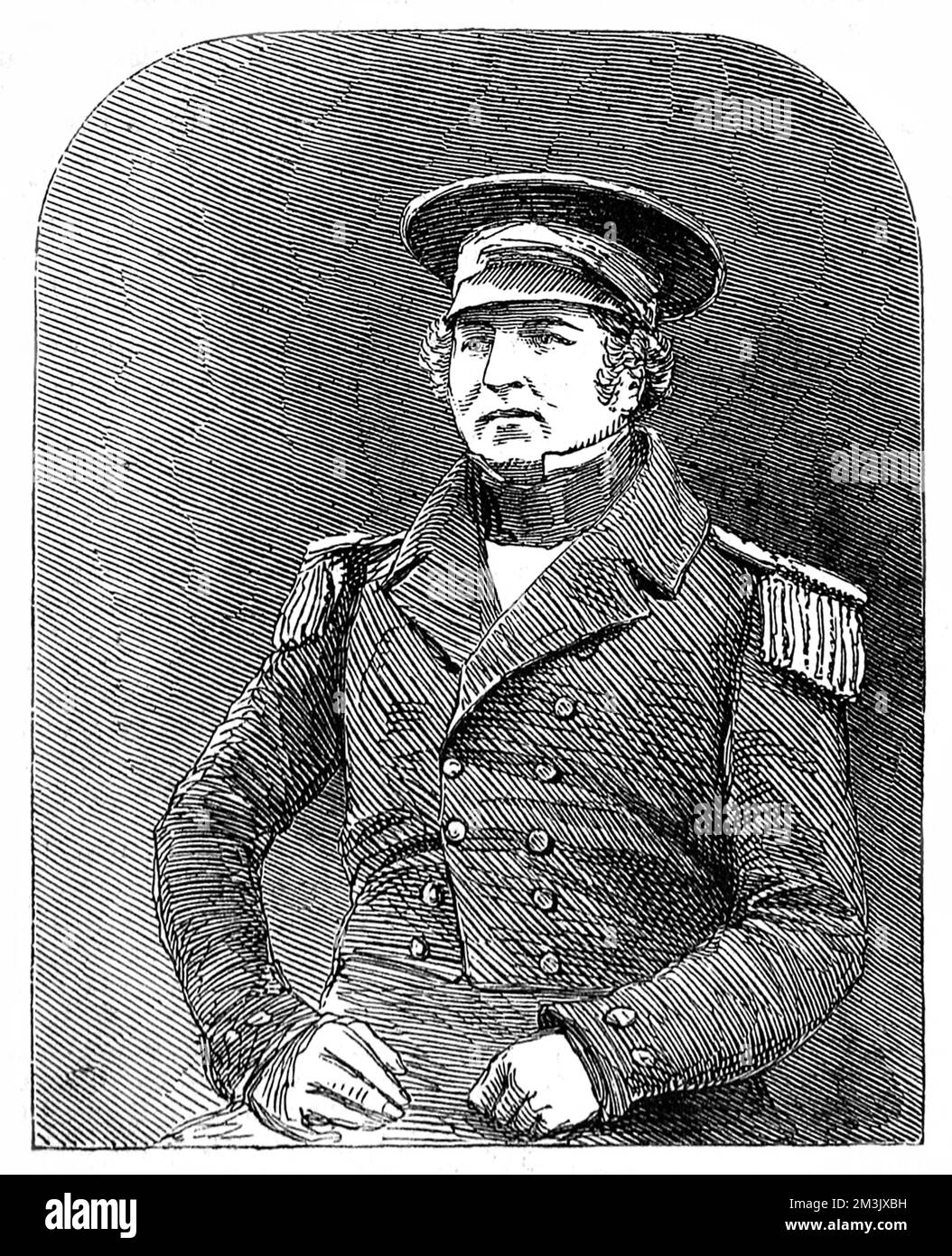Engraving of Captain Francis Crozier (1796 - 1848), of HMS 'Terror', pictured shortly before departing on the ill-fated Franklin Arctic expedition of 1845.  In 1845 the British Admiralty sent two polar exploration ships, HMS 'Erebus' and HMS 'Terror', to look for the Northwest passage round the northern coast of Canada. The expedition, commanded by Sir John Franklin, disappeared from view late in 1845 and none of the men were ever seen again.   In fact the ships made it to the King William Island region, then got stuck in the ice. With supplies running out the surviving crew abandoned ship and Stock Photo