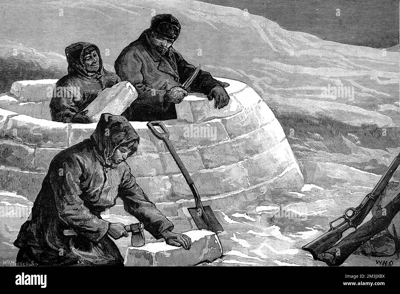 A party of the American Franklin Search Expedition of 1878-1880, making a snow house or igloo. This expedition was one of many to search the Arctic for signs of Sir John Franklin's ill-fated Arctic expedition of 1845.  In 1845 the British Admiralty sent two polar exploration ships, HMS 'Erebus' and HMS 'Terror', to look for the Northwest passage round the northern coast of Canada. The expedition, commanded by Sir John Franklin, disappeared from view late in 1845 and none of the men were ever seen again.   In fact the ships made it to the King William Island region, then got stuck in the i Stock Photo