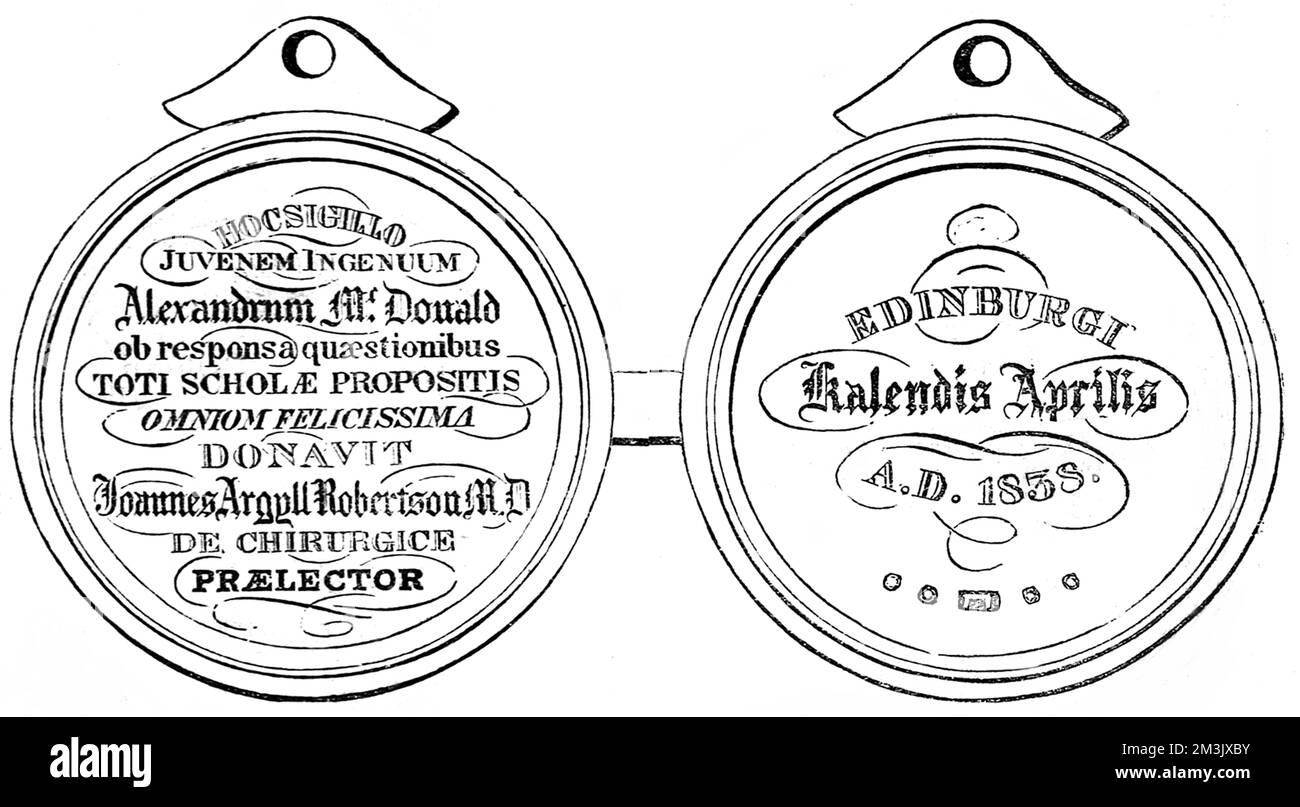 Engraving showing a relic of Sir John Franklin's ill-fated Arctic expedition of 1845, which was found by Francis Leopold McClintock in 1859. This image shows a silver medal won by the assistant surgeon on the Franklin expedition, A. McDonald, for excellence in a medical examination in 1838.  In 1845 the British Admiralty sent two polar exploration ships, HMS 'Erebus' and HMS 'Terror', to look for the Northwest passage round the northern coast of Canada. The expedition, commanded by Sir John Franklin, disappeared from view late in 1845 and none of the men were ever seen again.   In fact the shi Stock Photo