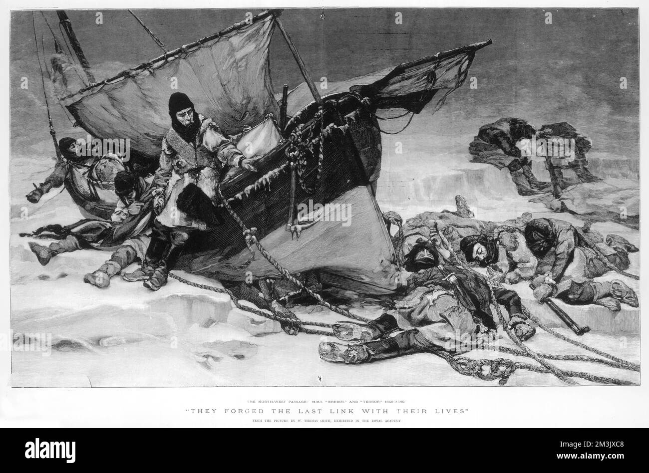 Engraving showing the end of Sir John Franklin's ill-fated Arctic expedition of 1845, entitled 'They Forged the last link with their lives'. This engraving was taken from a painting by W. Thomas Smith, exhibited in the Royal Academy in 1896.  In 1845 the British Admiralty sent two polar exploration ships, HMS 'Erebus' and HMS 'Terror', to look for the Northwest passage round the northern coast of Canada. The expedition, commanded by Sir John Franklin, disappeared from view late in 1845 and none of the men were ever seen again.   In fact the ships made it to the King William Island region, then Stock Photo