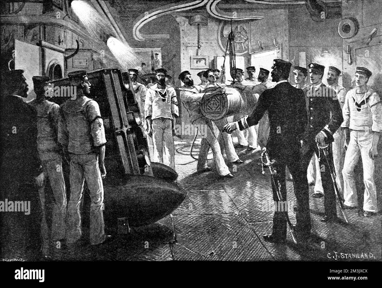 A typical scene on board a British battleship as the gun crew of Royal Navy seamen hoist a cartridge towards the breech of their gun. This image reputedly shows the breech of an 111-ton gun. In the foreground are two officers, wearing swords, directing the operations of the gun crew.     Date: 1896 Stock Photo